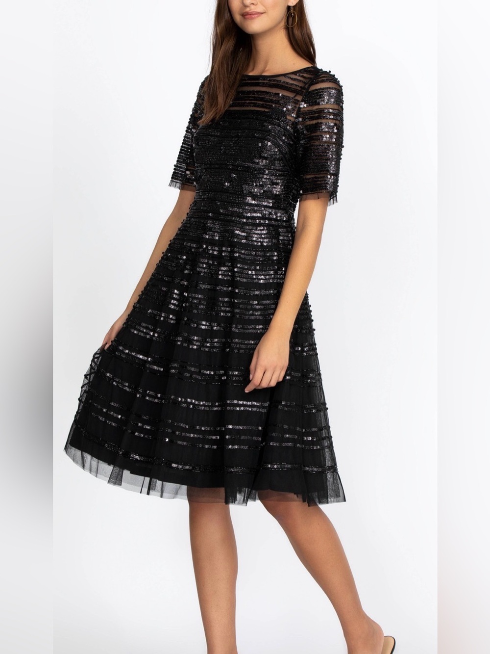Johnny Was Black Beaded Sequin Mesh Midi Dress Size 10 NWT $625